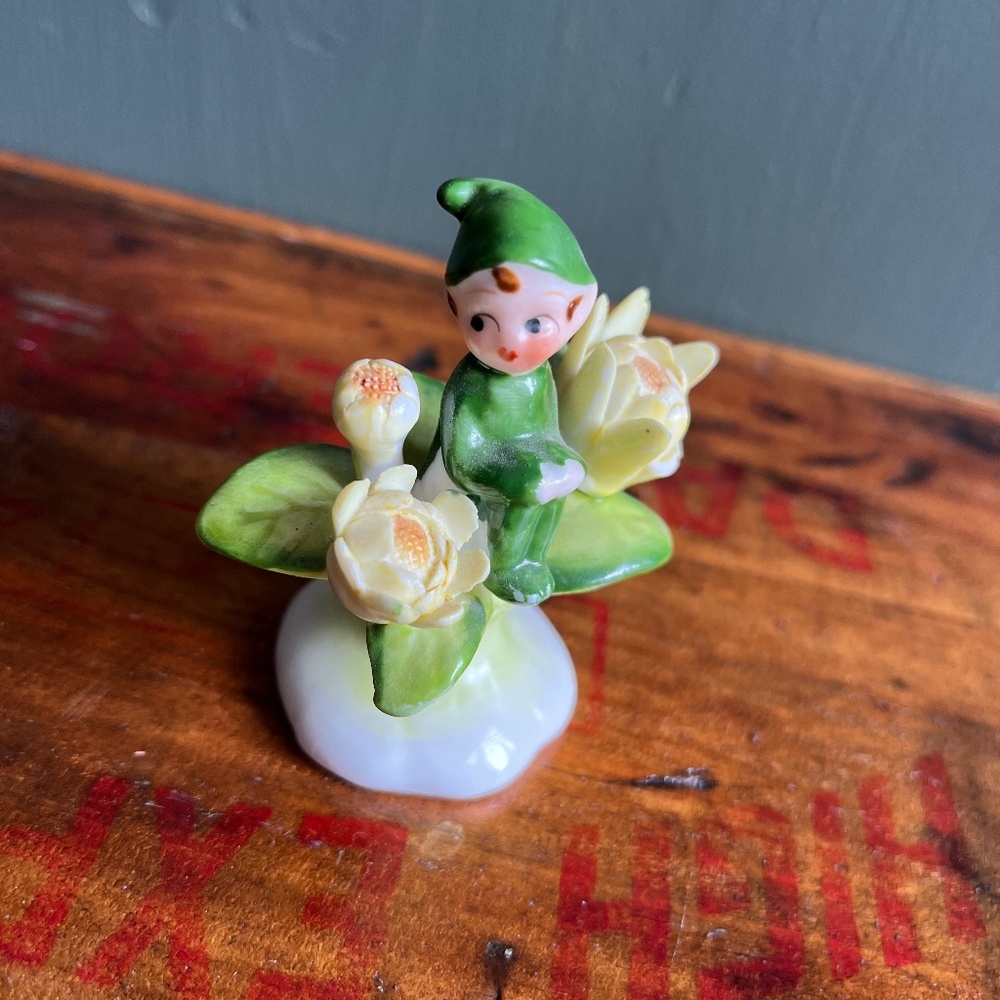 Vintage Pixie with Yellow Flowers Figurine